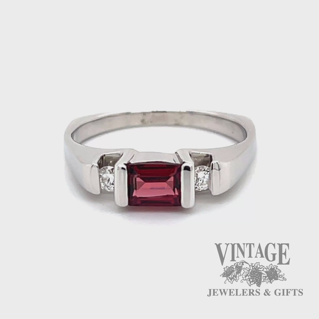 Emerald cut garnet with diamond accents in 14k white gold ring video