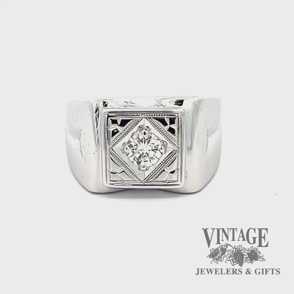 Revolving video of 14 karat white gold vintage square signet .40 ct diamond ring