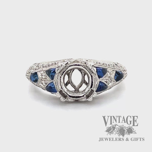 Diamond  and blue sapphire cabochon vintage inspired platinum semi-mount ring video