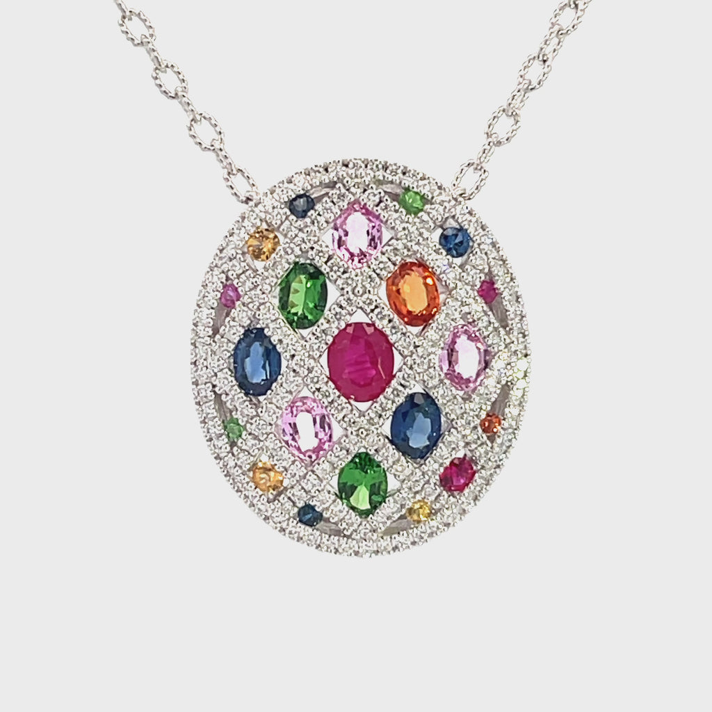 Oval Mosaic colored gemstone and diamond 14kw gold necklace video