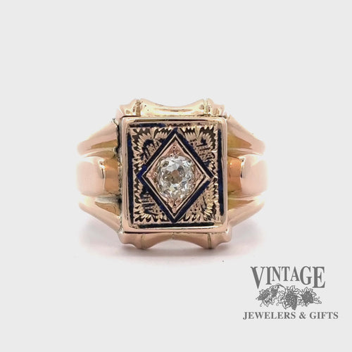 Revolving video of 14ky gold antique hand engraved diamond signet ring