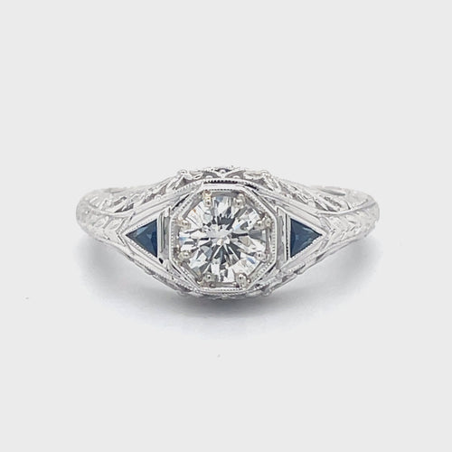 Sapphire and .70ct natural diamond filigree gallery 14kw gold ring video