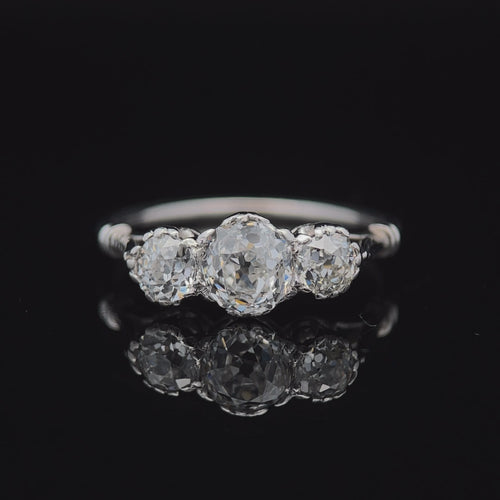 1.20 CTW antique old mine cut three stone natural diamond palladium ring video