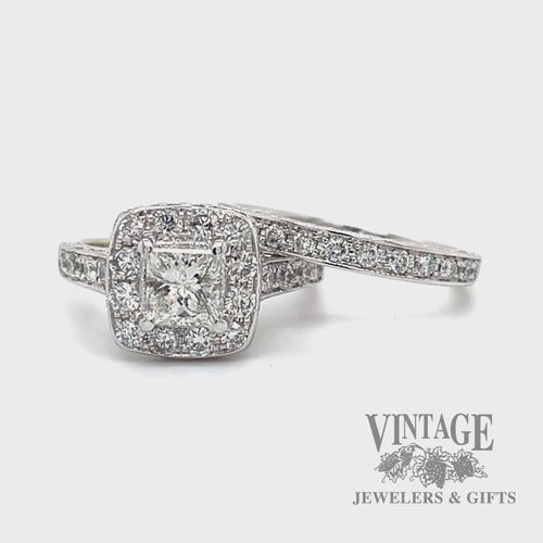 Princess cut 14k white gold and diamond wedding ring set video