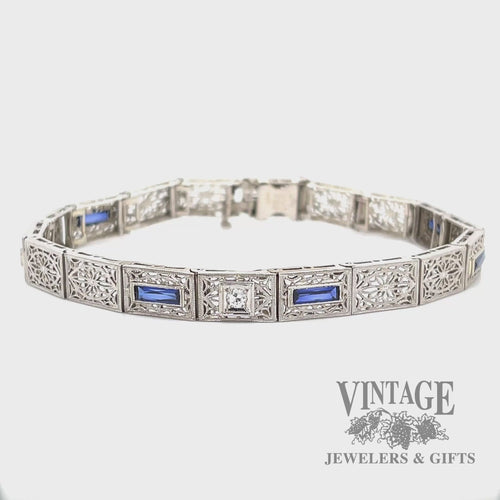 7" Antique filigree sapphire and diamond 14k white gold with platinum bracelet video