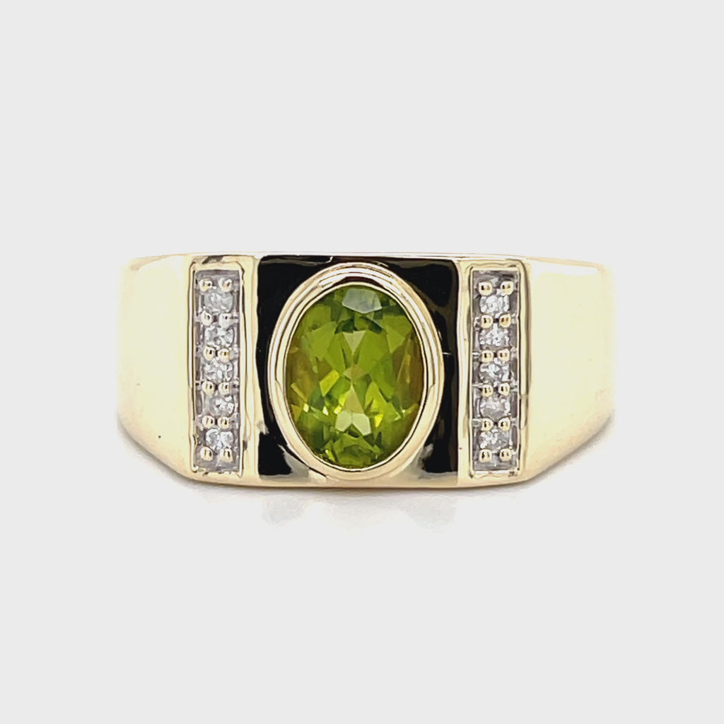 Bezel set Peridot wide ring in 10k with Diamond accents VIDEO