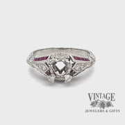 Platinum vintage inspired ruby and diamond hand engraved ring video