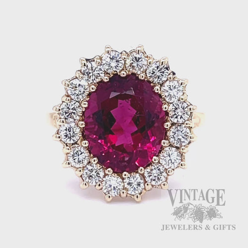 Rubelite Tourmaline and Diamond 14k Gold Halo Ring Video