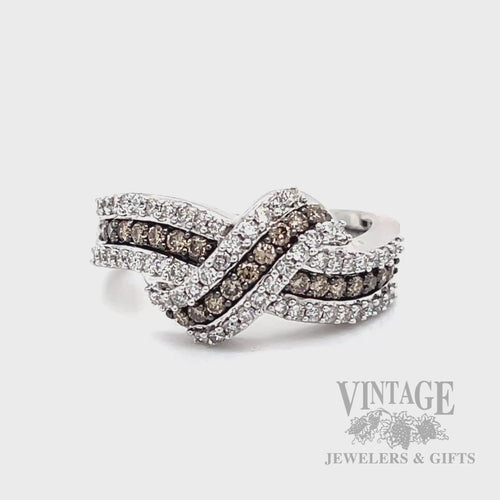 Knot Multi-Row White and Chocolate Diamond 14k White Gold Ring Video