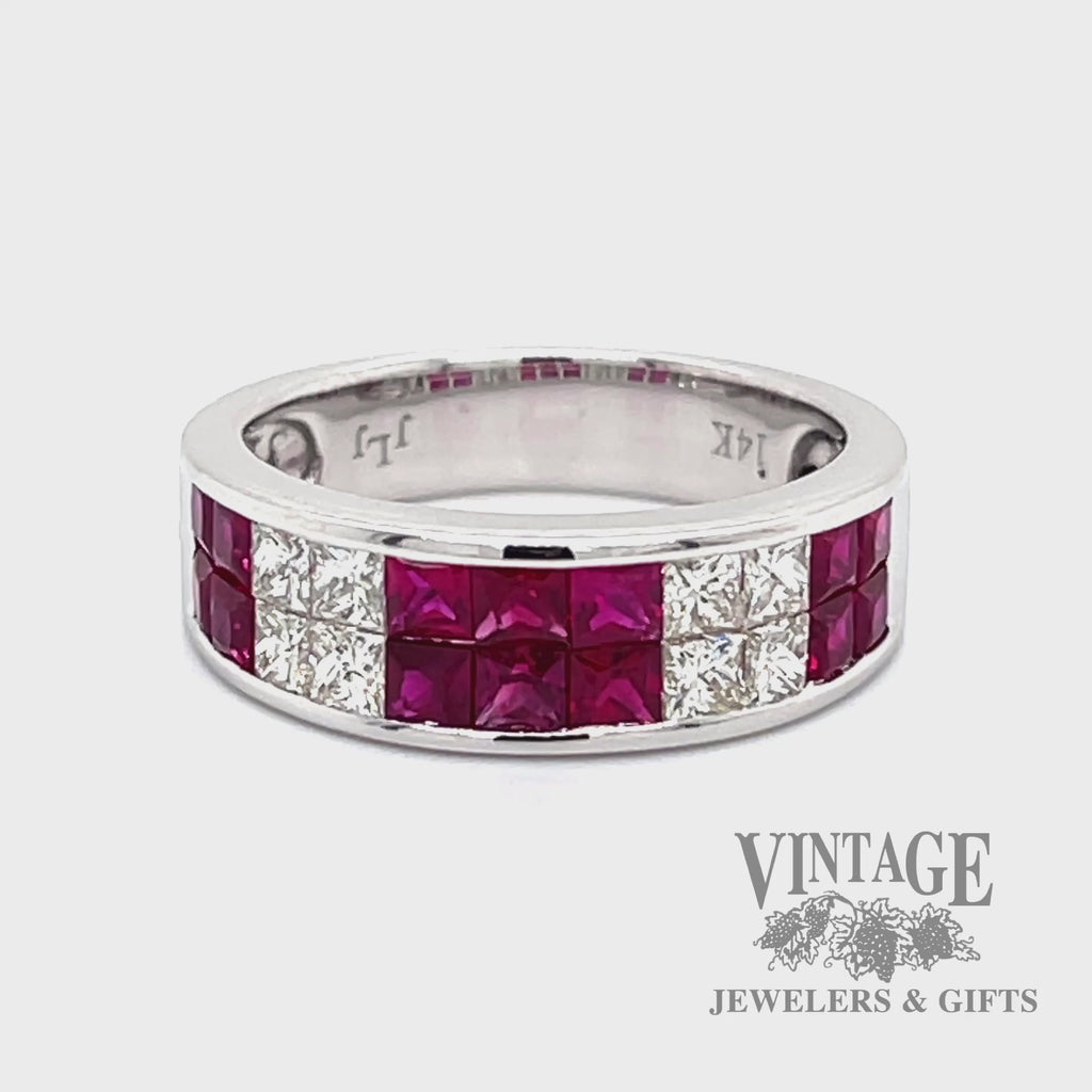 Ruby and diamond invisible set 14k white gold ring video