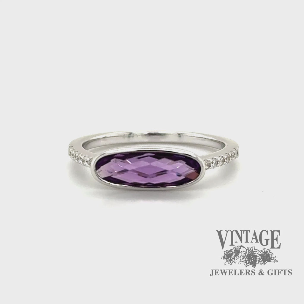 Elonaged oval amethyst and diamond east west 14kw gold ring video