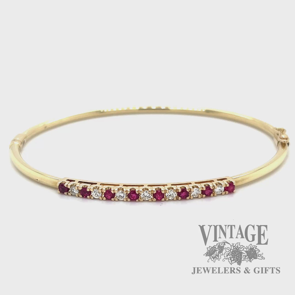 Ruby and diamond accent 14k yellow gold hinged bangle video