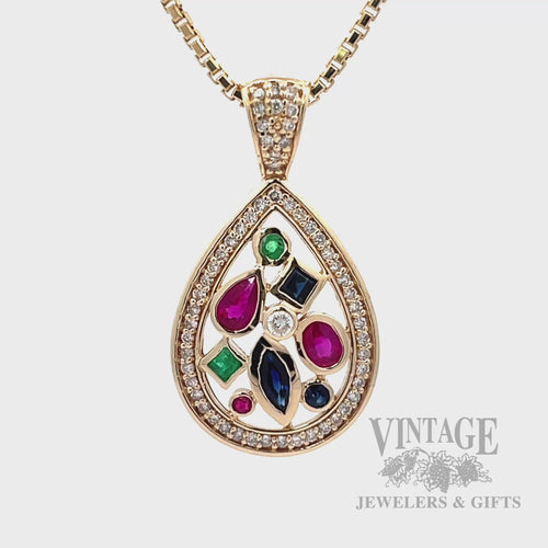Ruby, emerald, sapphire and diamond pear shaped 14k gold pendant front