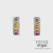 Rainbow sapphire and diamond 14kw gold huggie earrings video