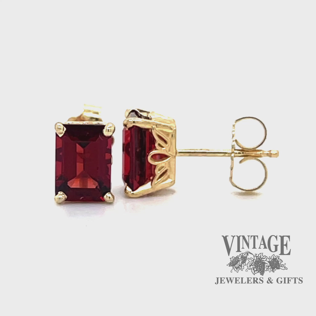 Garnet 14ky gold emerald cut stud earrings video