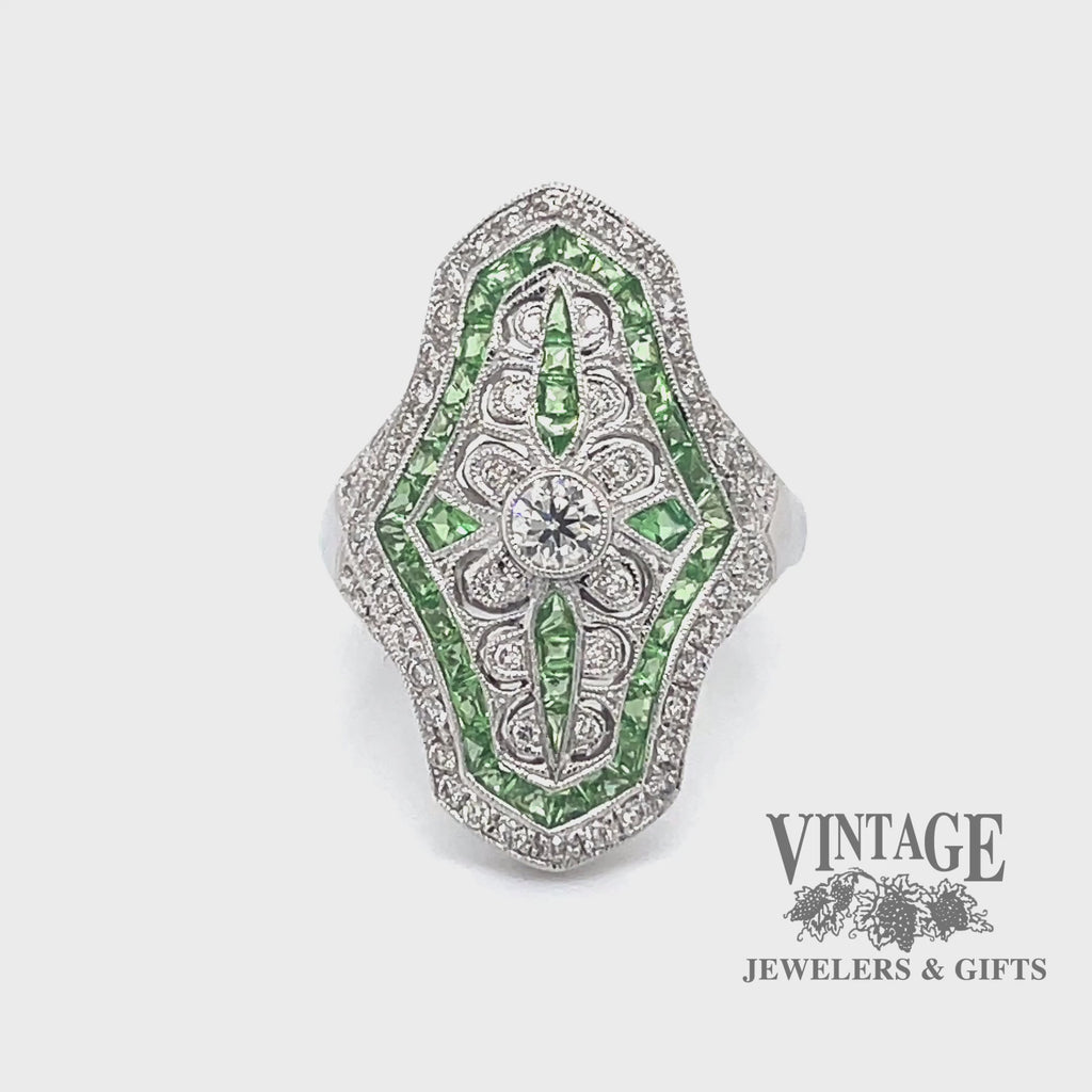 Vintage inspired diamond and tsavorite 14kw gold ring video