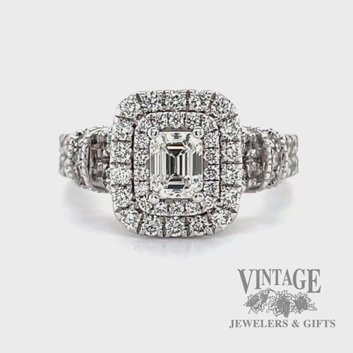 Emerald cut 1.46 CTW. natural diamond 14k white gold french set halo ring video