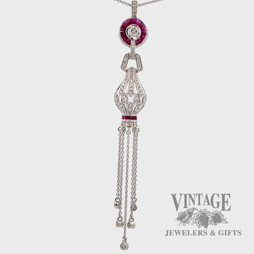 18" Chandelier style natural diamond and ruby 14k white gold pendant necklace video