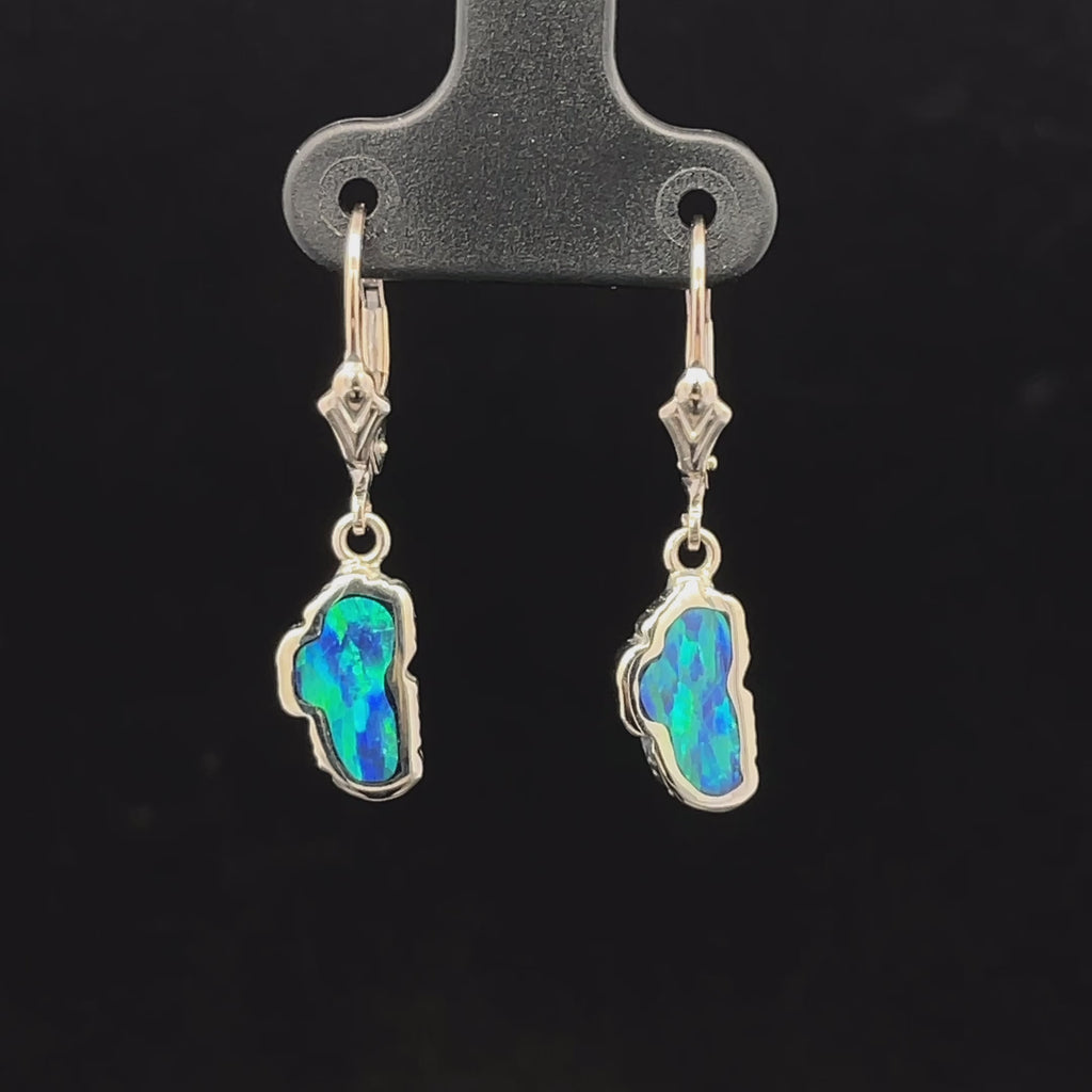 Black opal doublet 14k white gold earrings with leverback video