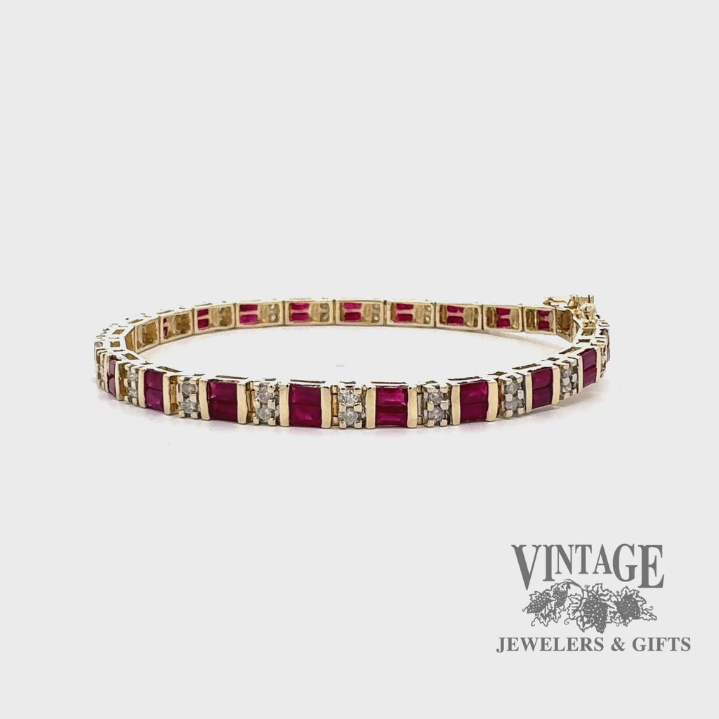 Revolving video of 14ky gold natural ruby and diamond tennis bracelet
