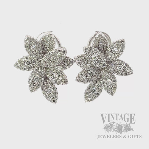 Diamond Pave Leaves 14k White Gold Earrings Front View