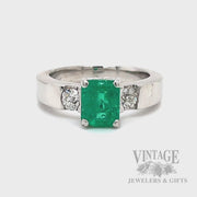 Three Stone Emerald and Diamond Platinum Ring Video