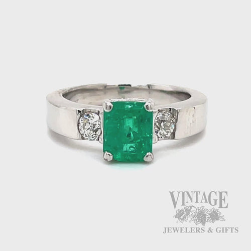 Three Stone Emerald and Diamond Platinum Ring Video