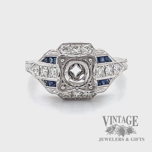 Vintage inspired diamond and sapphire semi mount 14k gold ring video