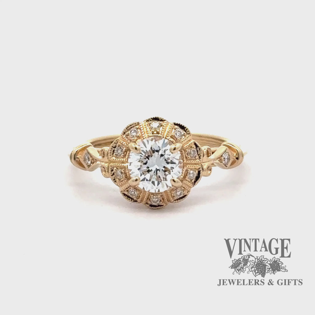 Revolving video of 14ky gold .82ctw diamond scalloped halo vintage inspired ring