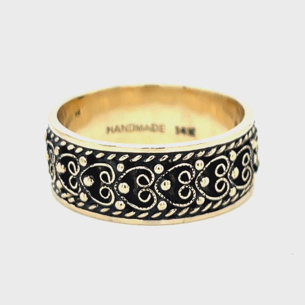 Revolving video of 14 karat yellow gold estate antiqued filigree band ring *Appears darker in photo*