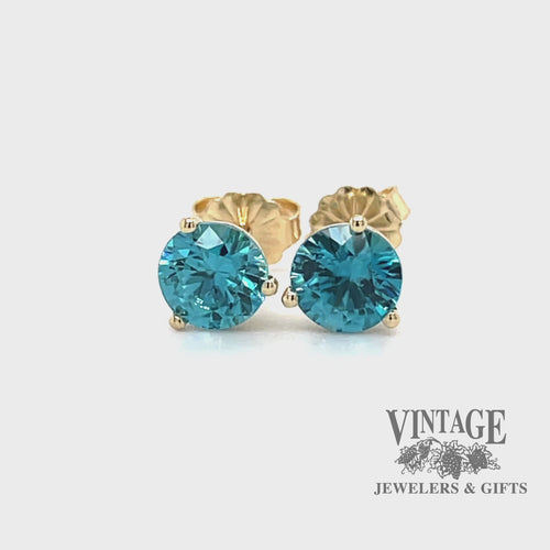 2.35 CTW 6 mm round natural blue zircon 14ky gold martini stud earrings video