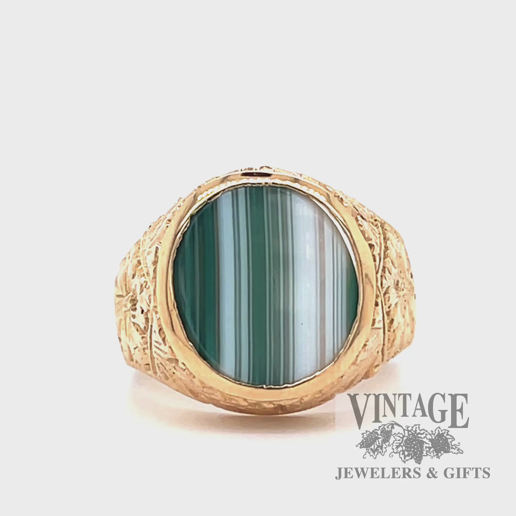 etched leaf design 14k yellow gold ring with agate video