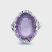 Revolving video of 14 karat white gold antique amethyst cameo filigree ring