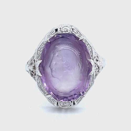 Revolving video of 14 karat white gold antique amethyst cameo filigree ring