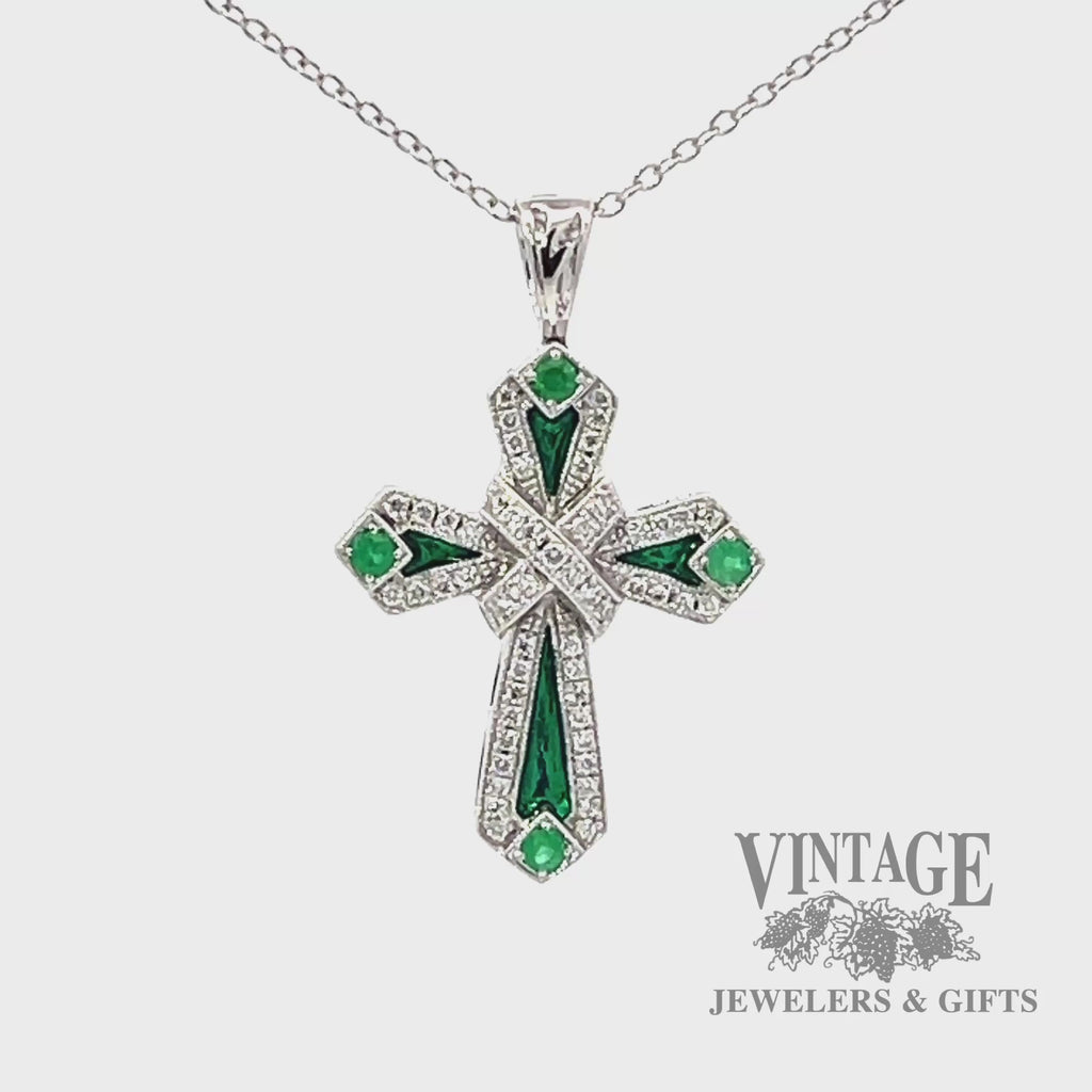 14k white gold Emerald and diamond accent cross video