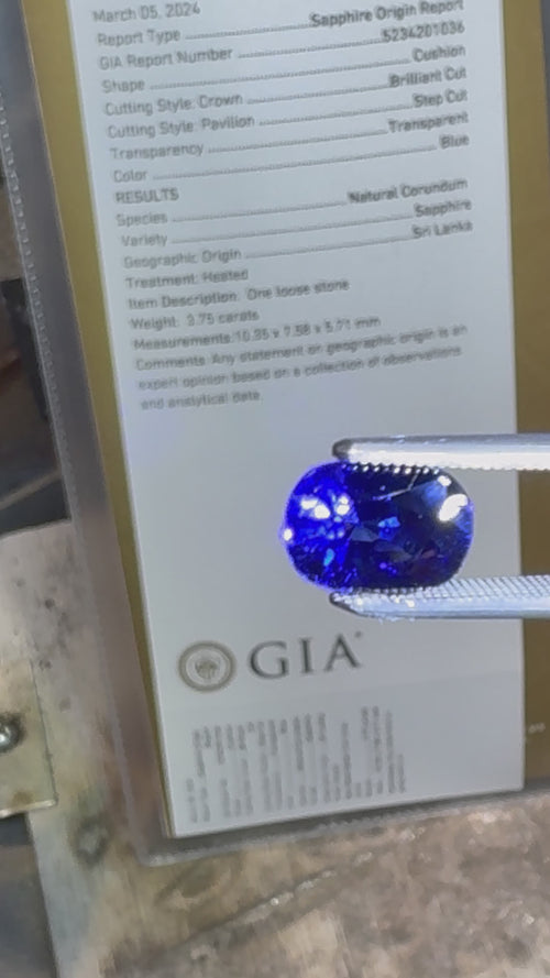 3.75 carat cushion shaped royal blue natural sapphire video