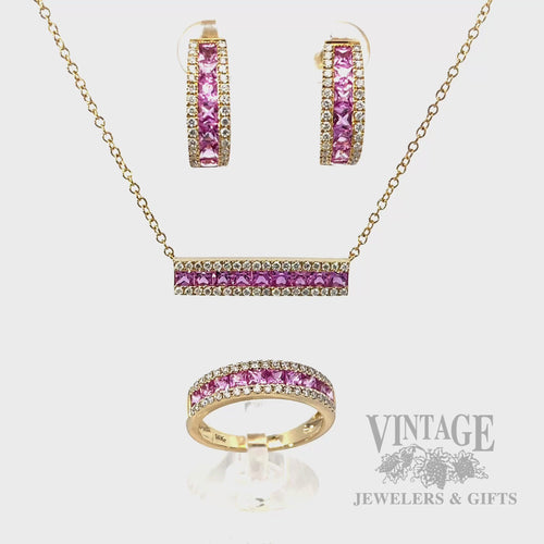 18" Pink Sapphire Diamond Accented Bar 14k Gold Necklace Video of Set