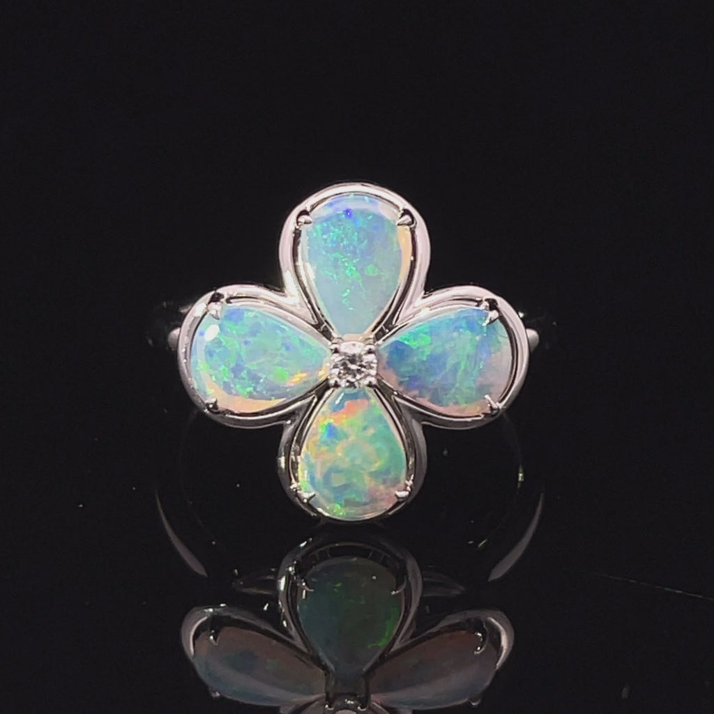 Video Crystal opal and diamond 14kw gold petal shaped ring