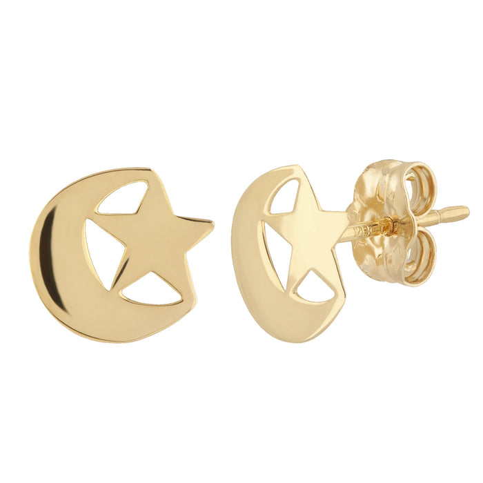 14 karat yellow gold half moon and star pierced stud earrings