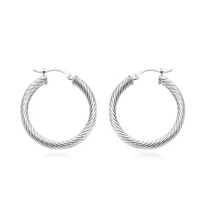 Medium twisted design 14 karat white gold hoop earrings