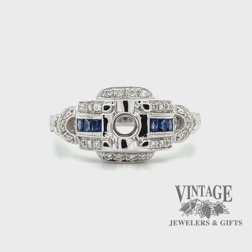 Diamond and sapphire hand engraved 14kw gold semi mount ring video