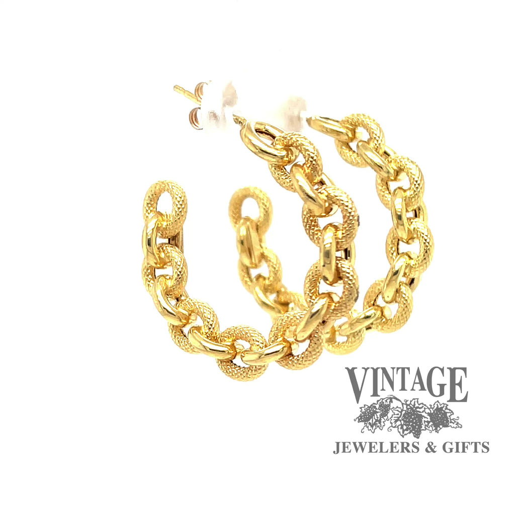 Revolving video of 14 karat yellow gold estate chain link post hoop earrings with friction backs