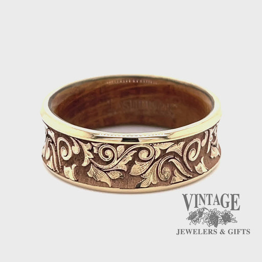 Revolving video of Whiskey Barrel 14ky gold engraved western scroll ring band