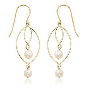 14 karat yellow gold swinging drop earrings with two freshwater cultured pearls each