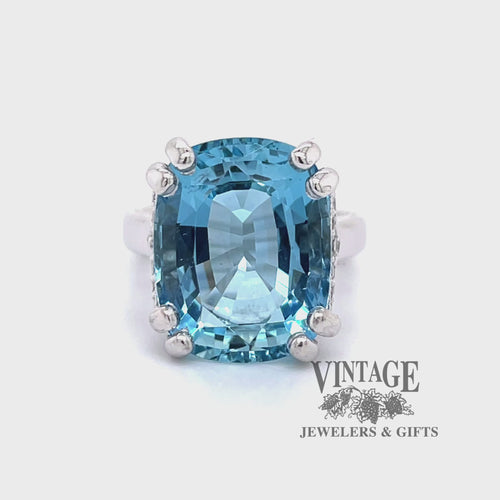 Revolving video of 14 karat white gold custom Aquamarine and diamond ring