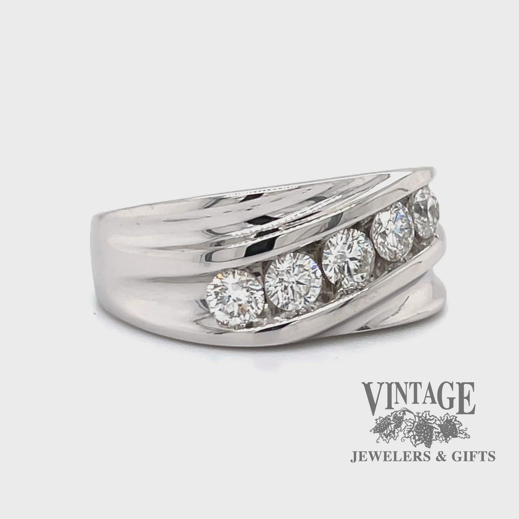 Video of 14 karat white gold diagonal 5 stone diamond ring, angled view