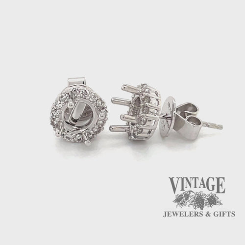 Revolving video of 18 karat white gold classic diamond halo pierced earring stud mountings