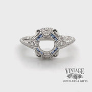 Revolving video of 14 karat white gold hand engraved diamond and sapphire ring semi mount