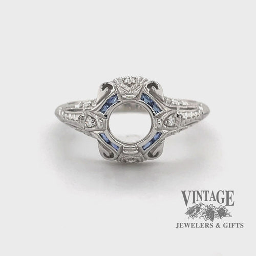 Revolving video of 14 karat white gold hand engraved diamond and sapphire ring semi mount