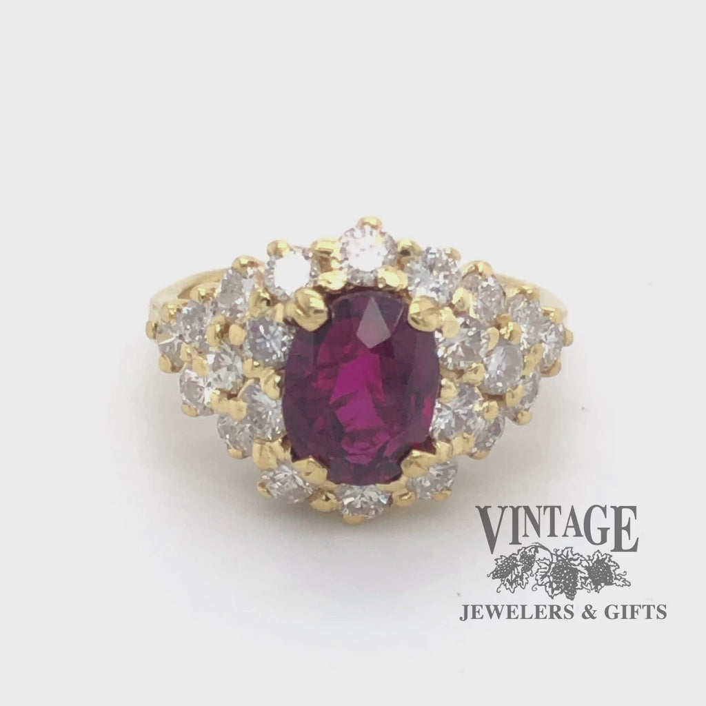 Revolving 360 degree video of 18k gold natural 1.60 ct ruby and diamond ring.